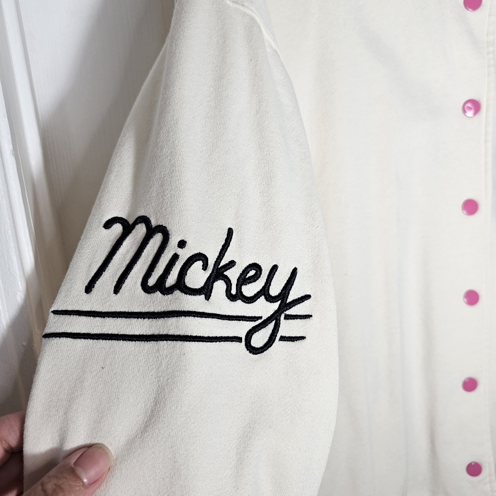 DISNEY MICKEY MOUSE XL Bomber Varsity Embroidered Jacket Pink Ivory Buttoned - Picture 5 of 13